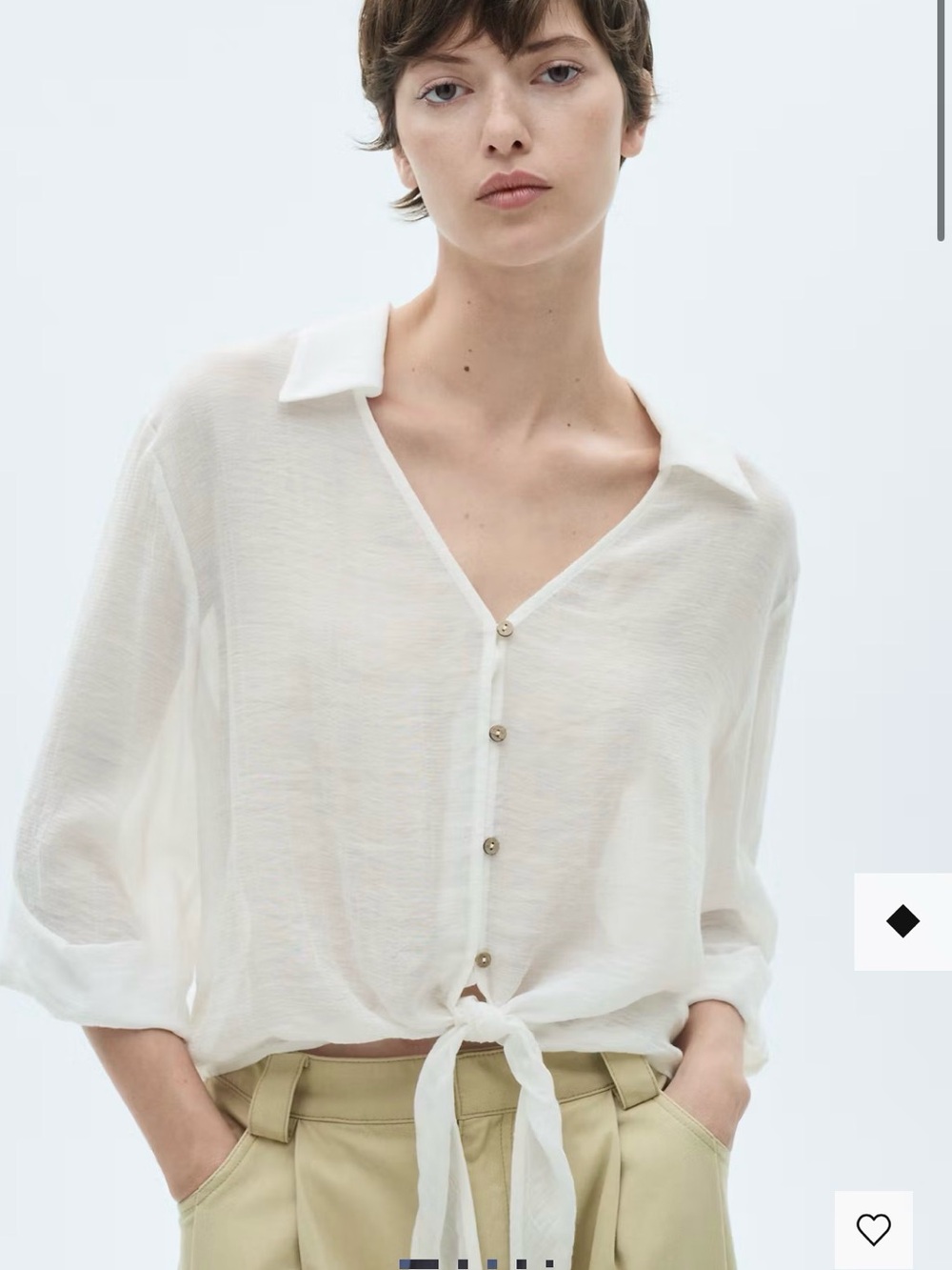 Mango MNG Sheer Off White Tie-Front Button Up Shirt Sz 8 Oversized Fit Fluid